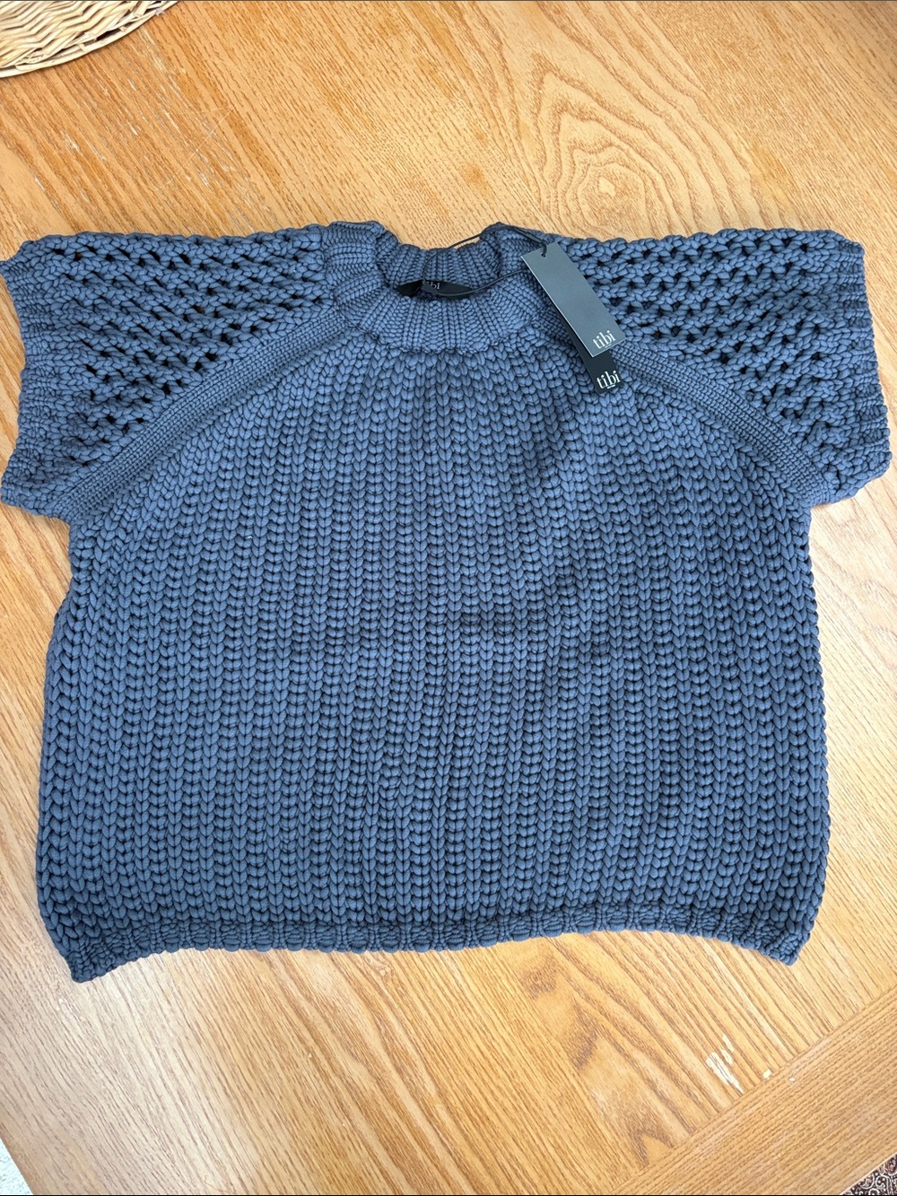 Tibi Chunky Short-Sleeve Knit Sweater - Slate